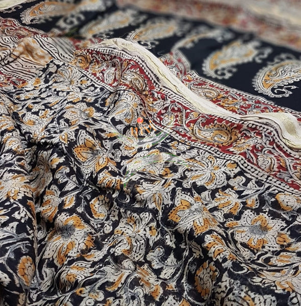 Black Handloom chanderi kalamkari. Saree comes with printed kalamkari blouse piece 