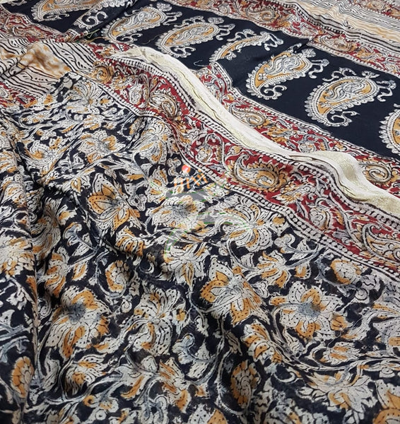 Black Handloom chanderi kalamkari. Saree comes with printed kalamkari blouse piece 
