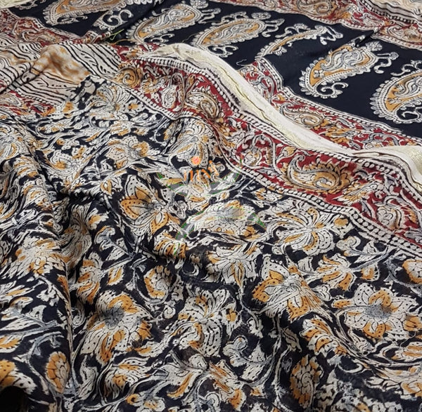 Black Handloom chanderi kalamkari. Saree comes with printed kalamkari blouse piece 