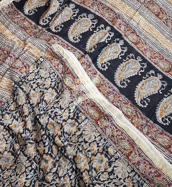 Black Handloom chanderi kalamkari. Saree comes with printed kalamkari blouse piece 
