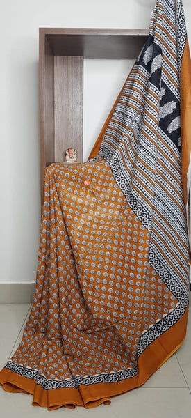 Orange handloom cotton bagru hand printed saree