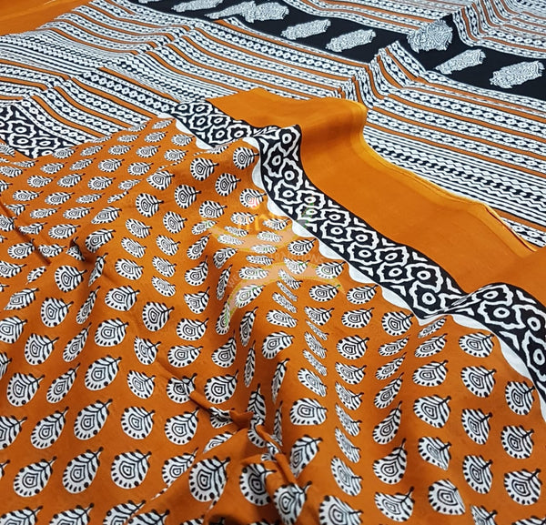 Orange handloom cotton bagru hand printed saree