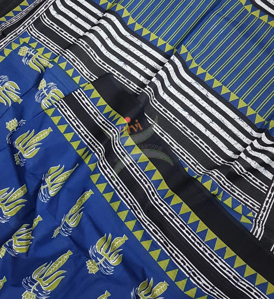 Blue handloom cotton bagru hand printed saree