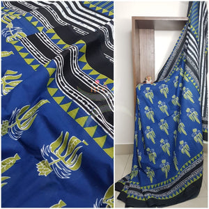 Blue handloom cotton bagru hand printed saree