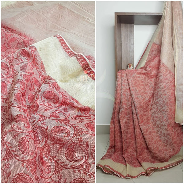 Pink woven brocade Bengal cotton blend with running blouse piece