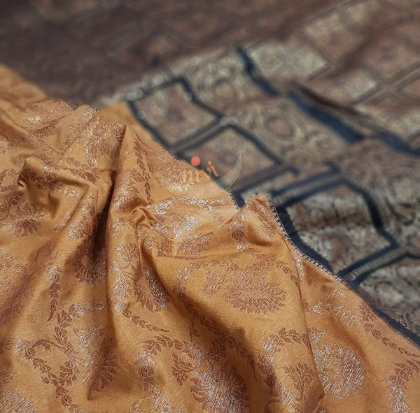 Mustard  brown muga silk benaras brocade with contrasting border and pallu