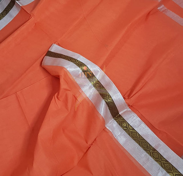 Cotton sarees with woven zari border and striped pallu.