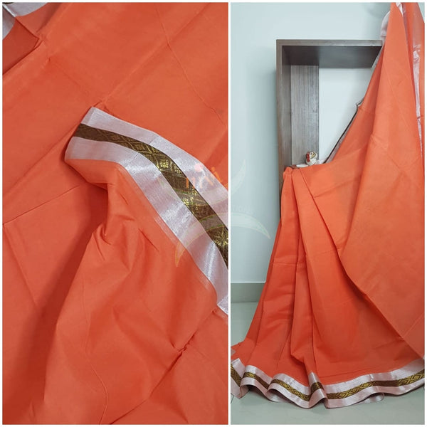 Cotton sarees with woven zari border and striped pallu.