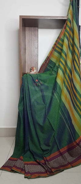 Green with orange Eco friendly natural dyed soft organic cotton saree.