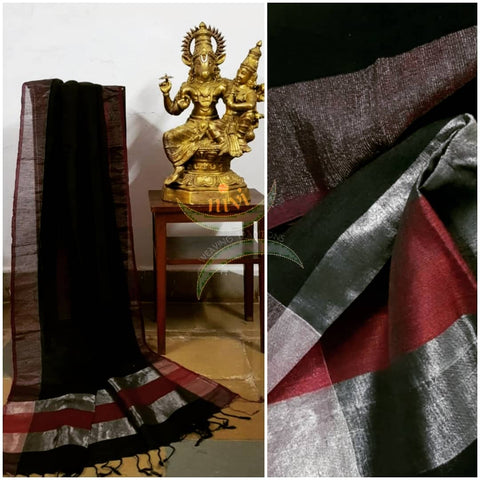 Black 80's count handloom linen dupatta with subtle silver borders.