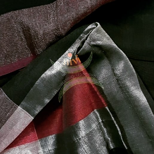 Black 80's count handloom linen dupatta with subtle silver borders.