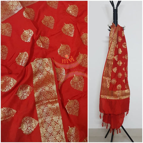 Red handloom muga silk benaras brocade dupatta