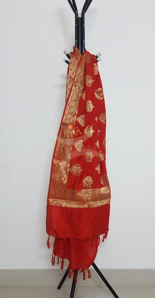 Red handloom muga silk benaras brocade dupatta