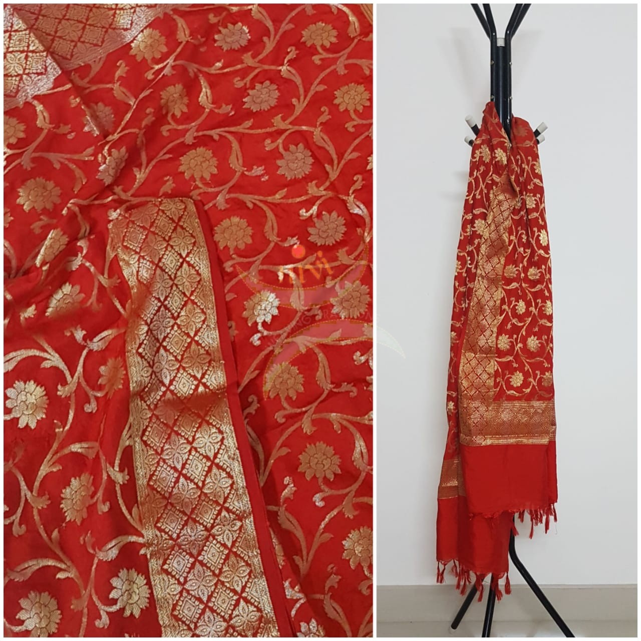 Red handloom muga silk benaras brocade dupatta