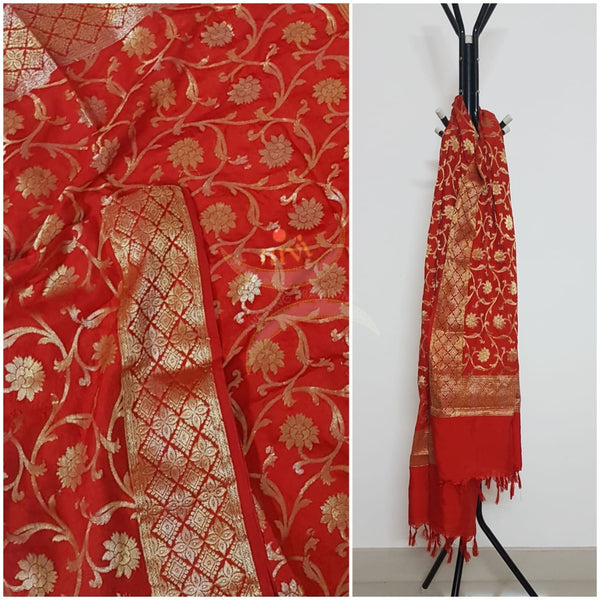 Red handloom muga silk benaras brocade dupatta