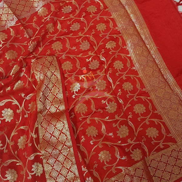 Red handloom muga silk benaras brocade dupatta