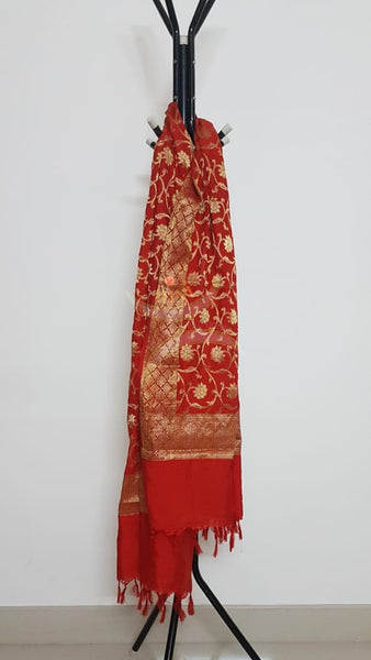 Red handloom muga silk benaras brocade dupatta