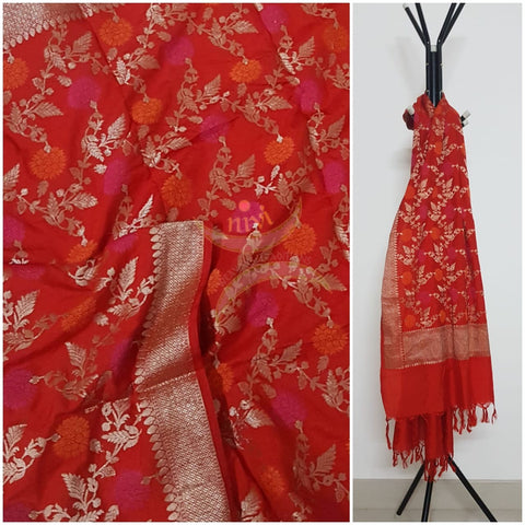 Red handloom muga silk benaras brocade dupatta