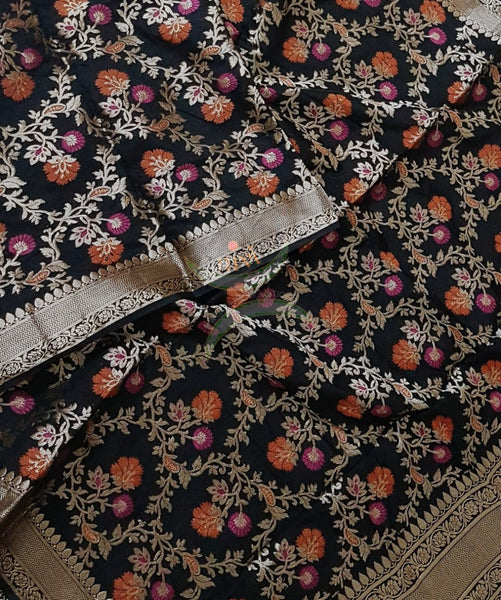 Black handloom muga silk benaras brocade dupatta