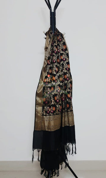 Black handloom muga silk benaras brocade dupatta