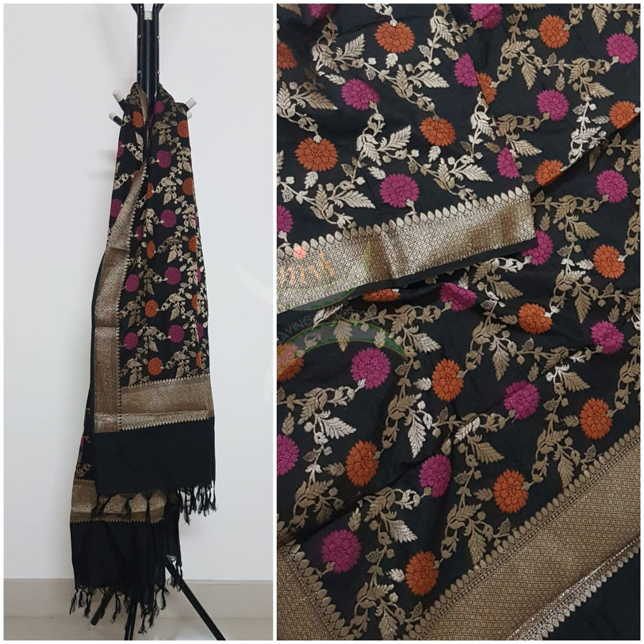 Black handloom muga silk benaras brocade dupatta