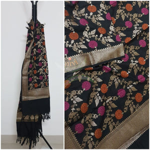 Black handloom muga silk benaras brocade dupatta