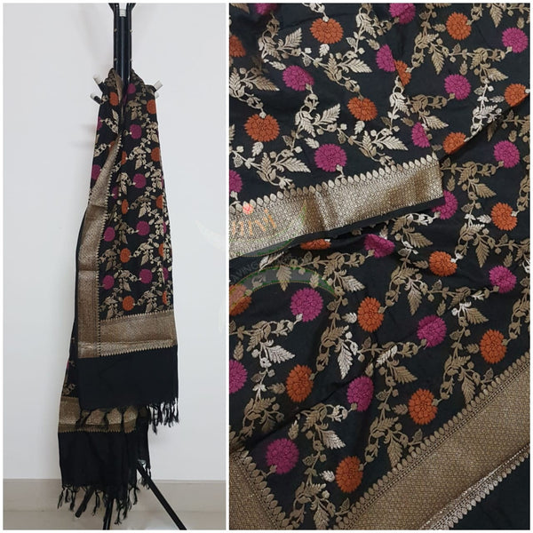Black handloom muga silk benaras brocade dupatta