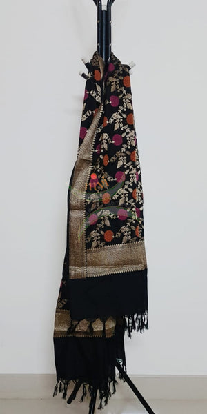 Black handloom muga silk benaras brocade dupatta