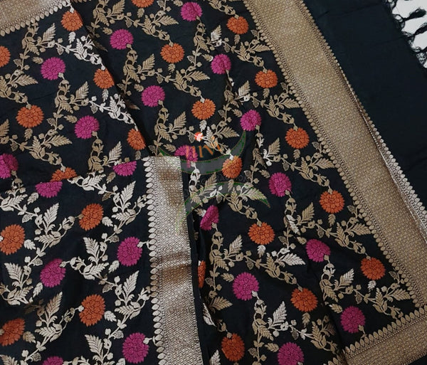 Black handloom muga silk benaras brocade dupatta