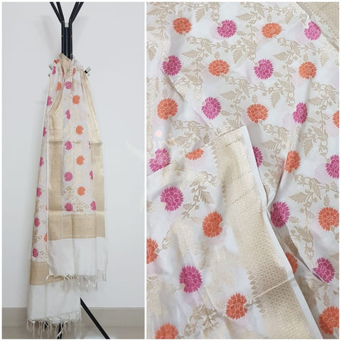 Off white handloom muga silk benaras brocade dupatta