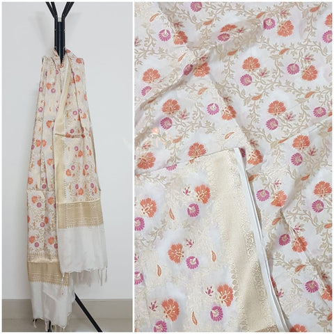 Off white handloom muga silk benaras brocade dupatta