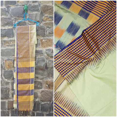 Pastel green bengal handloom cotton with checked border and ikat pallu