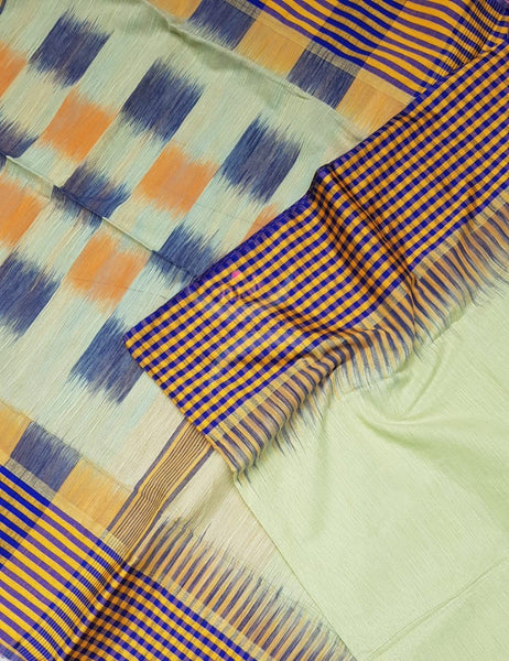 Pastel green bengal handloom cotton with checked border and ikat pallu