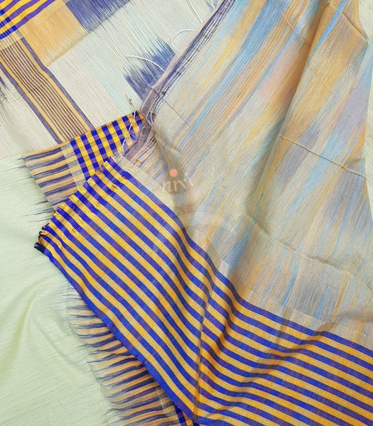 Pastel green bengal handloom cotton with checked border and ikat pallu