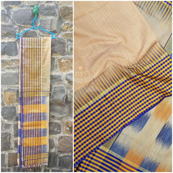 Peach bengal handloom cotton with checked border and ikat pallu