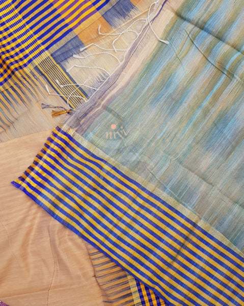 Peach bengal handloom cotton with checked border and ikat pallu