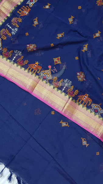 Royal blue kota cotton dupatta with traditional kasuti machine embroidery