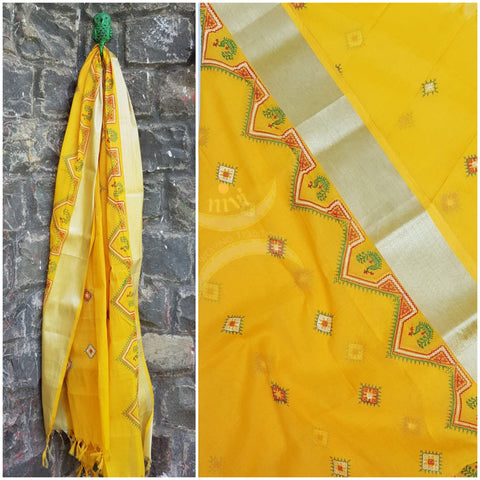 Yellow kota cotton dupatta with traditional kasuti embroidery
