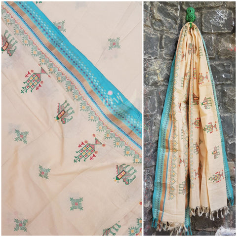 Beige kota cotton dupatta with traditional kasuti embroidery