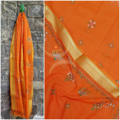 Orange kota cotton dupatta with traditional kasuti embroidery