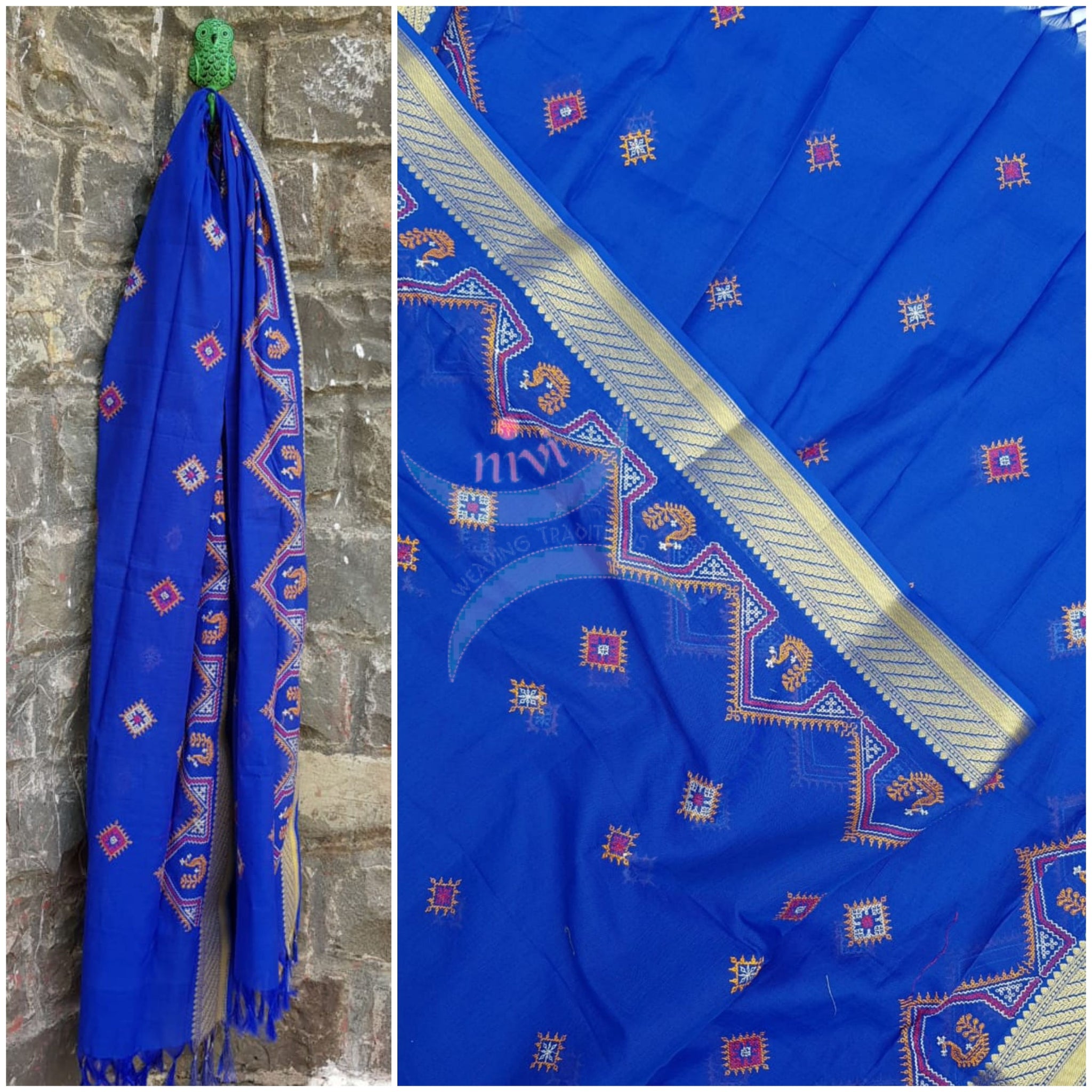 Royal blue kota cotton dupatta with traditional kasuti embroidery