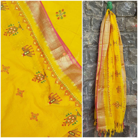 Yellow kota cotton dupatta with traditional kasuti embroidery