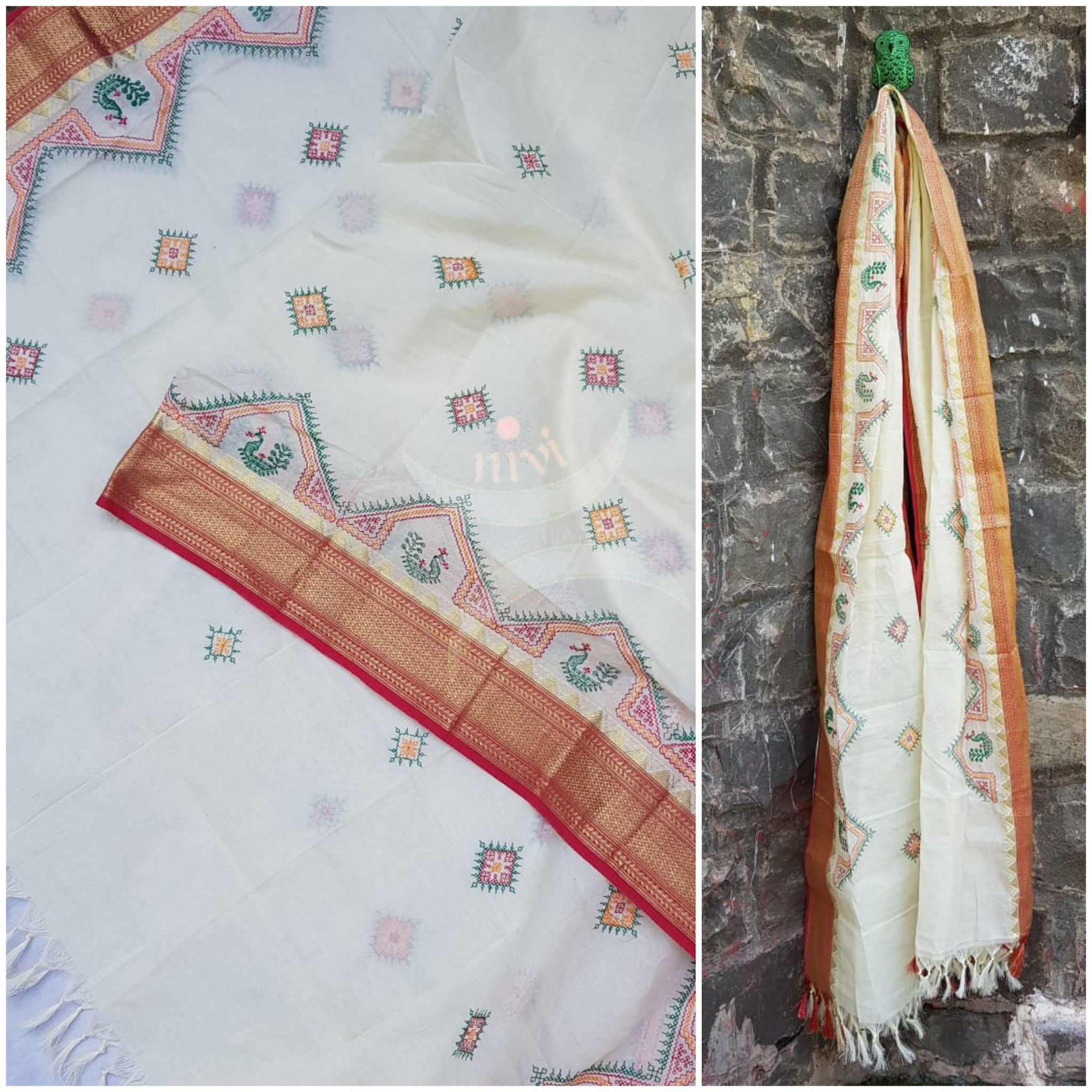Off white kota cotton dupatta with traditional kasuti embroidery