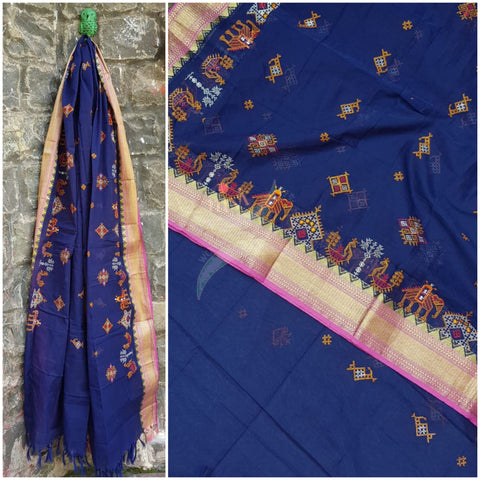 Royal blue kota cotton dupatta with traditional kasuti machine embroidery