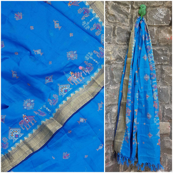 Blue kota cotton dupatta with traditional kasuti embroidery