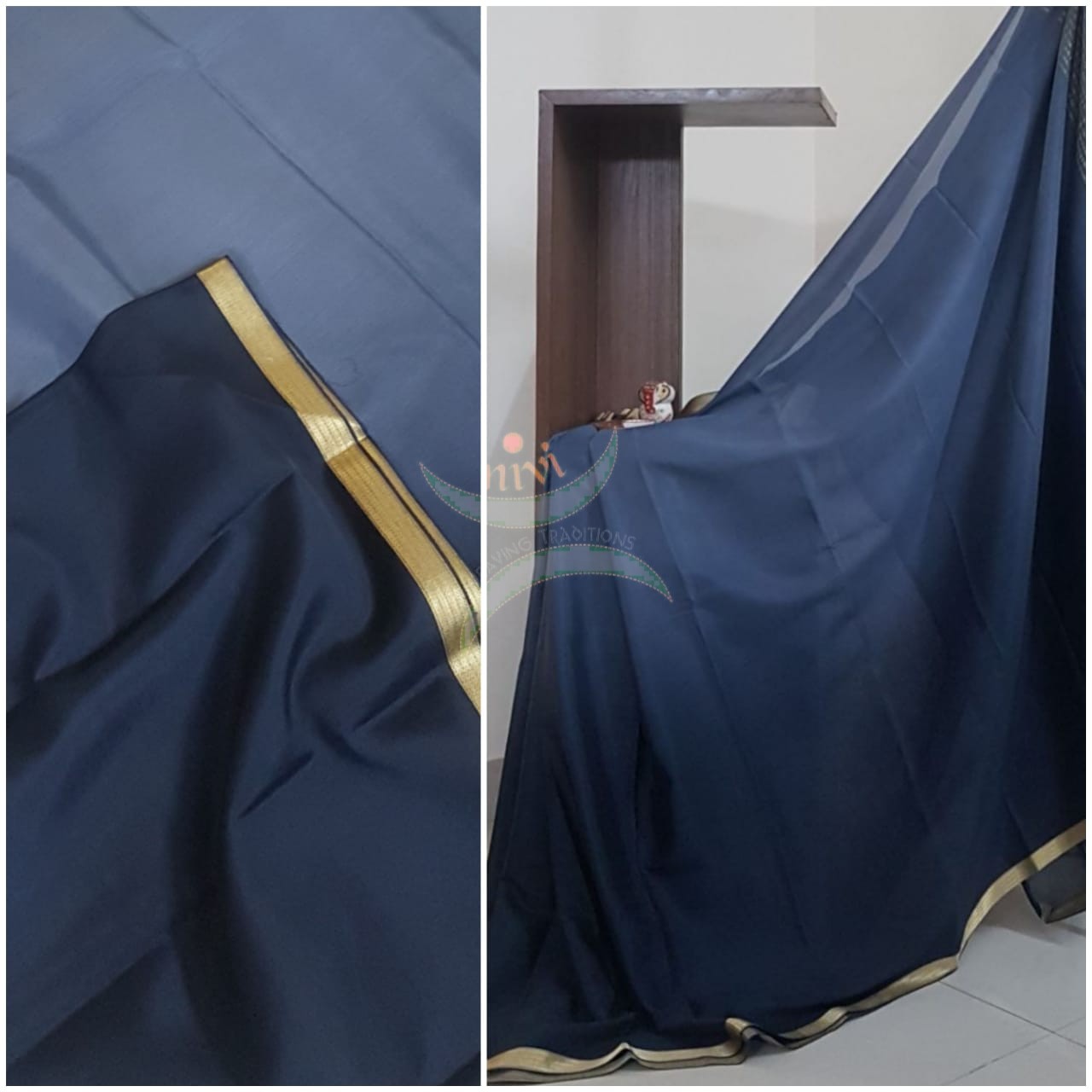 50 gms Two Tone pure Silk Crepe in shades of Grey with a fine zari border. Saree comes with pure Grey crepe blouse in darker tone.