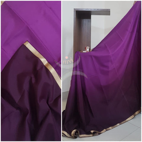 50 gms Two Tone pure Silk Crepe in shades of purple with a fine zari border. Saree comes with pure purple crepe blouse in darker tone.