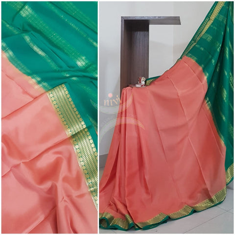 Peach with Green 50 grams pure mysore silk crepe with traditional border and striped pallu. Saree comes with plain green blouse matching pallu.