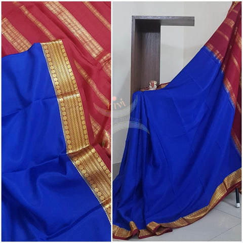 Royal Blue with maroon 50 grams pure mysore silk crepe with traditional border and striped pallu. Saree comes with plain maroon blouse matching pallu.