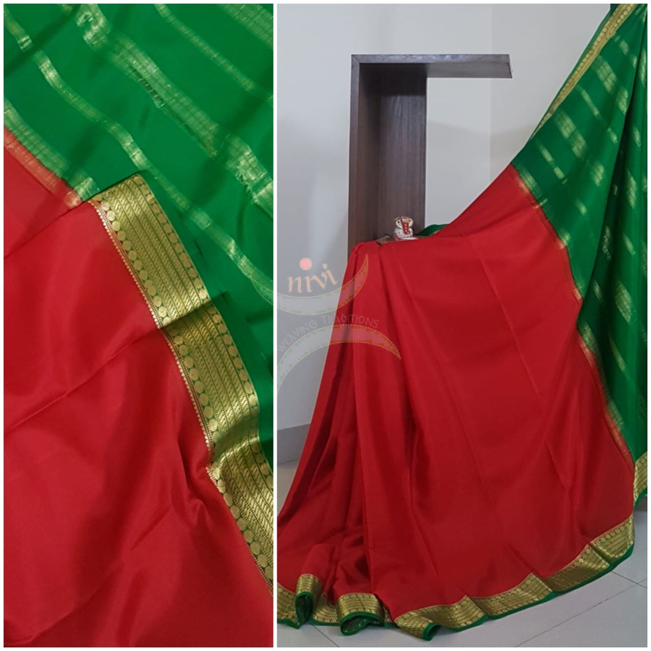 Red with Green 50 grams pure mysore silk crepe with traditional border and striped pallu. Saree comes with plain green blouse matching pallu.